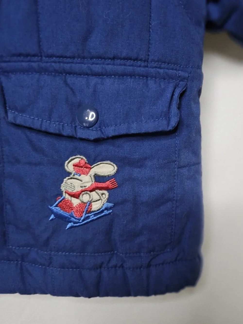 VTG Kids N Fun Navy Blue Snap Front Removable Hoodie Quilted Jacket Dog Sled 12M